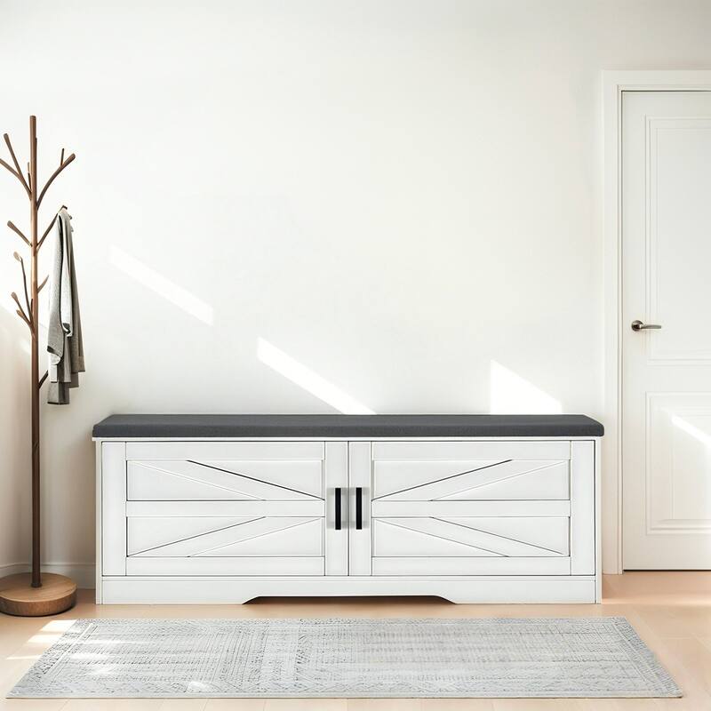2-Tier Storage Shoe Bench with Padded Seat Cushion,Bench with 2 Barn Doors & 2 Adjustable Shelves,13.75"Dx39.4"Wx17.72"H - White