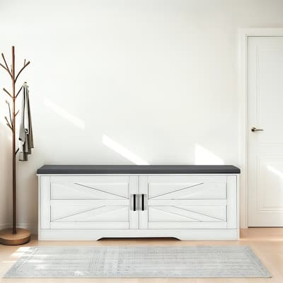 2-Tier Storage Shoe Bench with Padded Seat Cushion,Bench with 2 Barn Doors & 2 Adjustable Shelves,13.75"Dx39.4"Wx17.72"H