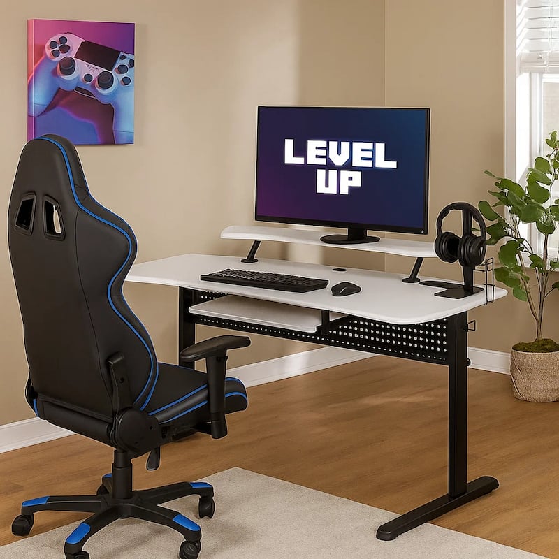 Gaming Table with USB Plugin and Headset Rack, White