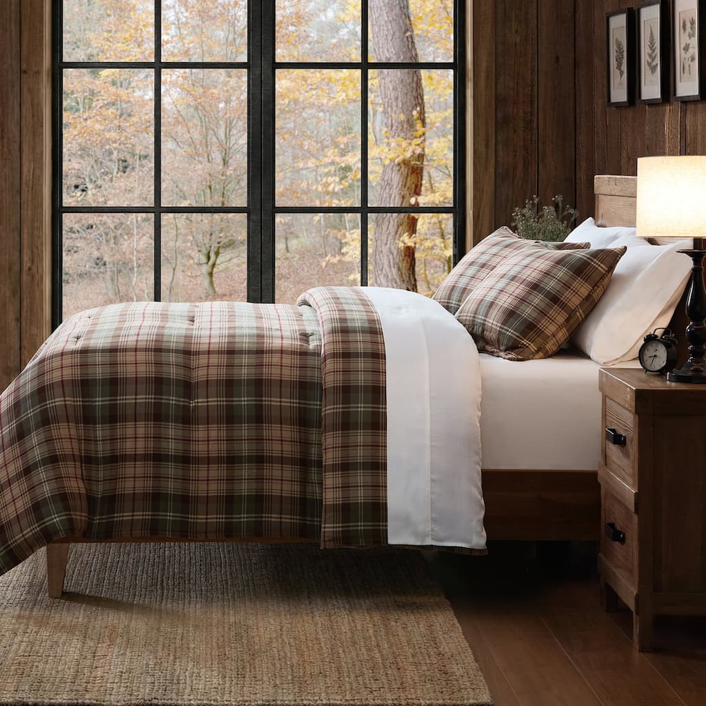 Paseo Road Huntsman II 3 Piece Comforter Set, Green & Brown Hunt Plaid Rustic Cabin Lodge Bedding