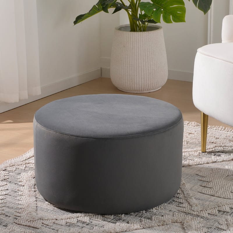 KINWELL Round Upholstered Pouf Ottoman Footrest - 24'x 24'x 13' - Velvet Dark Grey 24"