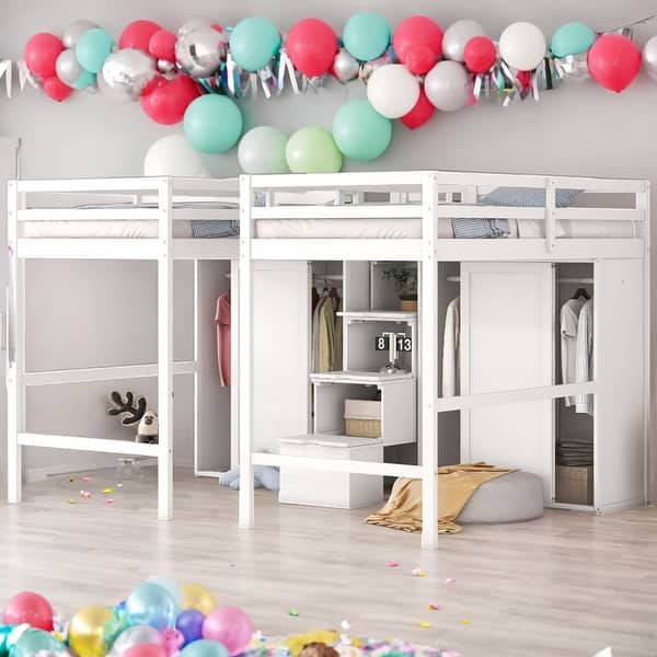slide 2 of 22, Double Twin Size Loft Beds With Wardrobes and Staircase,Sturdy Construction for Bedroom White