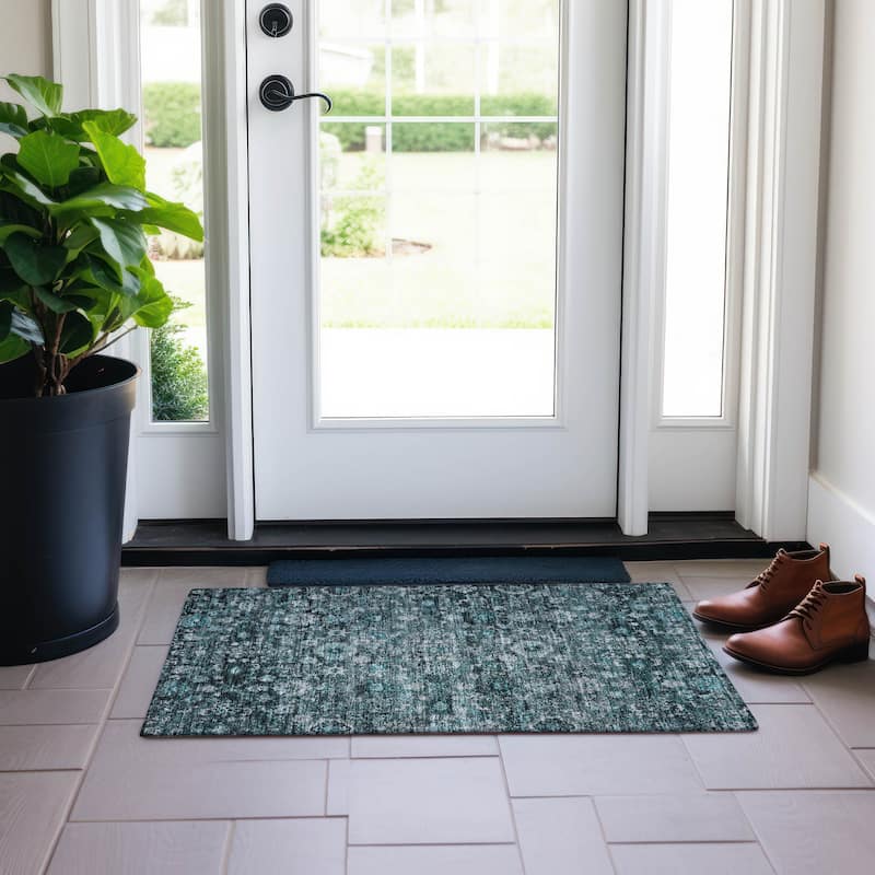 Machine Washable Indoor/ Outdoor Chantille Traditional Vintage Floral Rug - Teal - 1'8" x 2'6"
