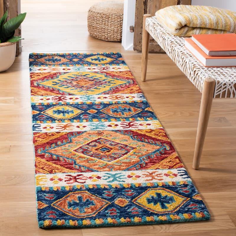 SAFAVIEH Handmade Aspen Geesche Boho Tribal Wool Rug - 2'3" x 8' Runner - Navy/Ivory