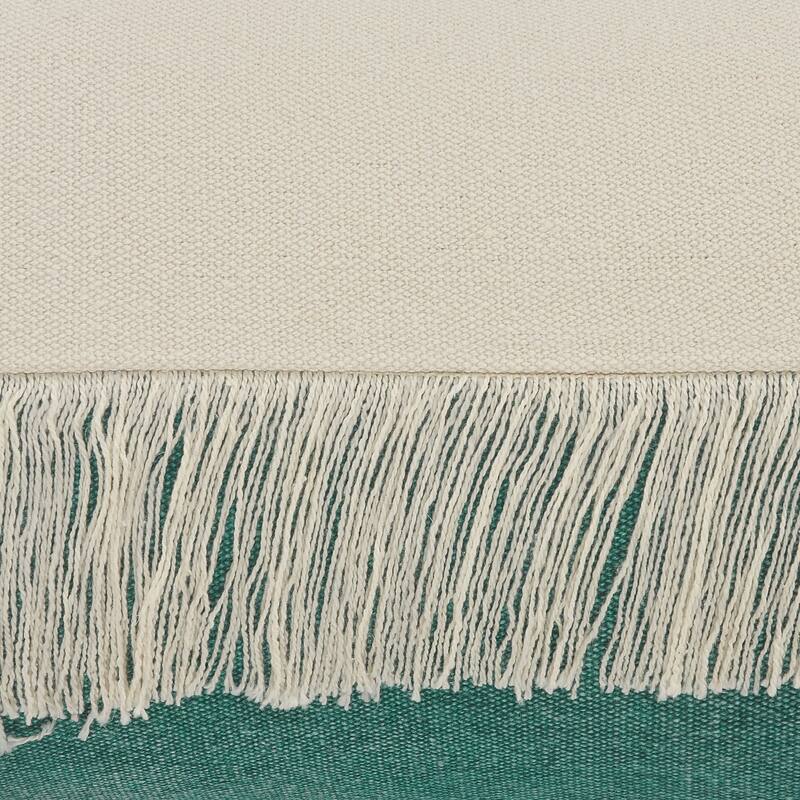 20" Green and White Fringe Color Block Square Throw Pillow