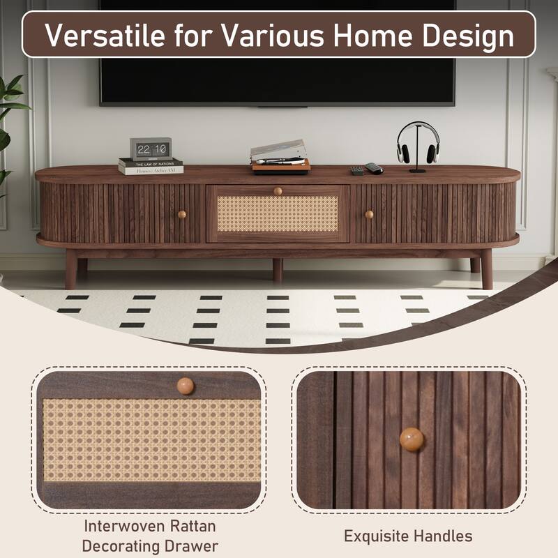 Modern TV Stand Media Console, for 75" TVs with Rattan-Front Drawer and 2 Sliding-Door Cabinets, for Living Room