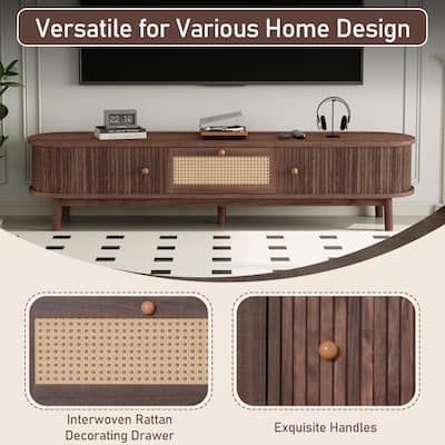 Sliding Door TV Cabinet Dark Brown TV Stand with Woven Rattan Drawer, Mid Century Modern Entertainment Center for 75" TVs