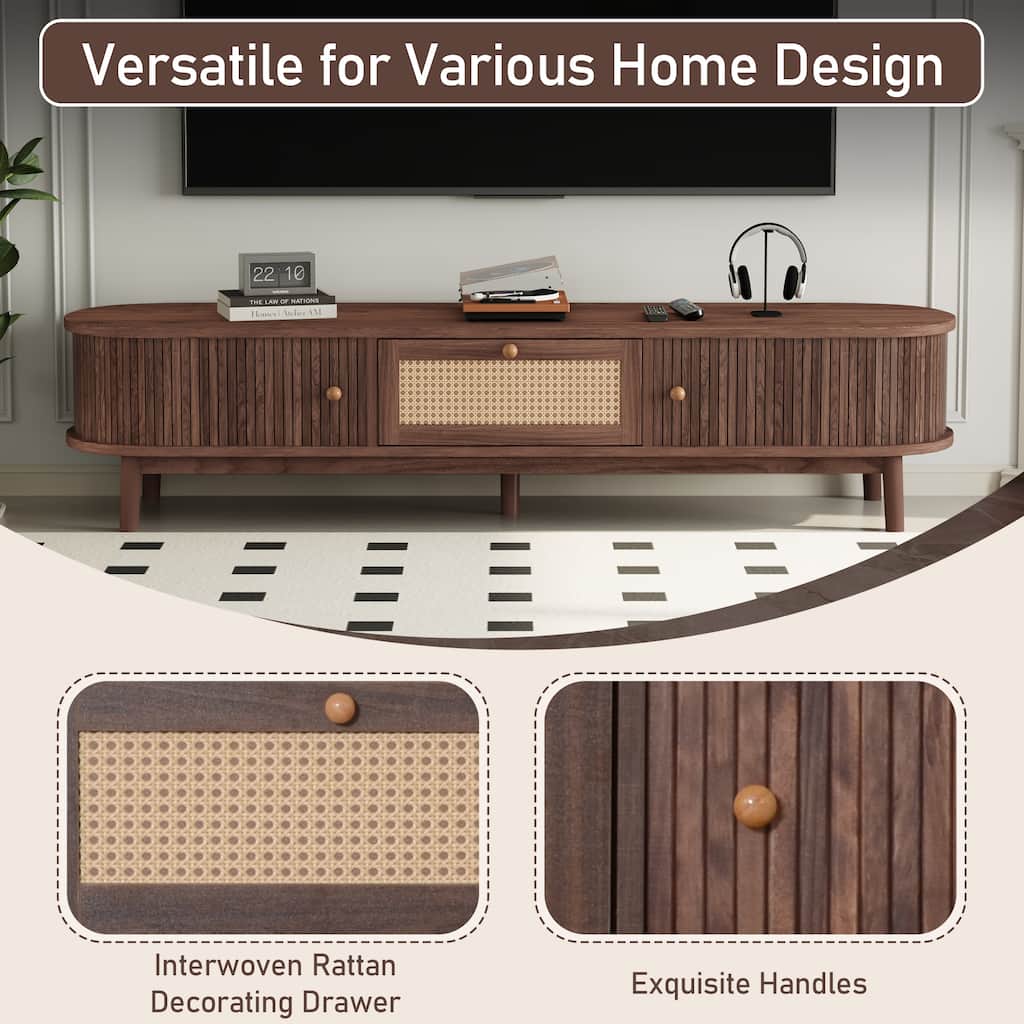 Sliding Door TV Cabinet Dark Brown TV Stand with Woven Rattan Drawer, Mid Century Modern Entertainment Center for 75" TVs