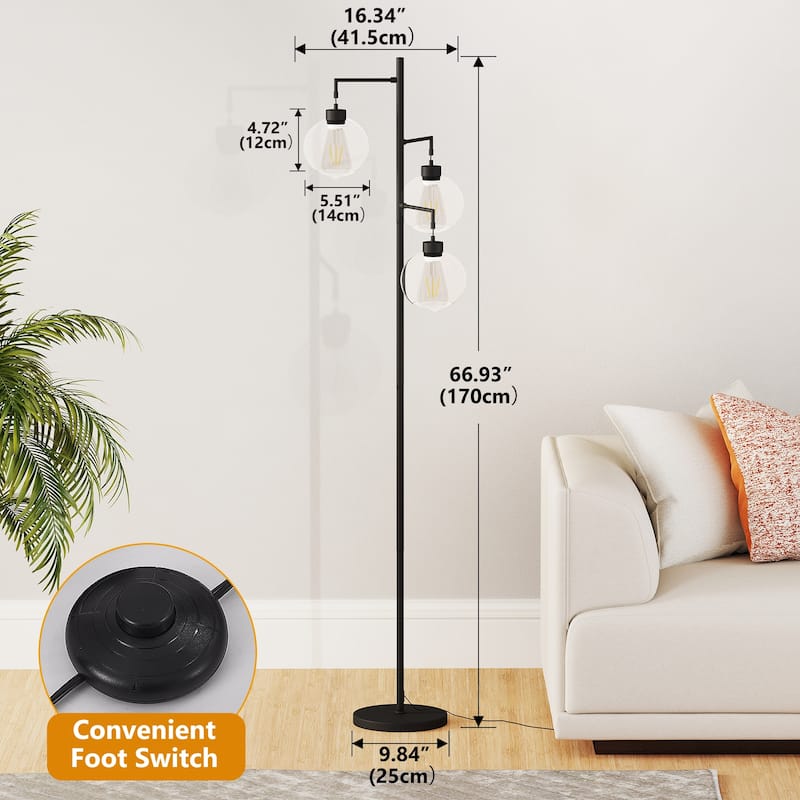 67" Tree-Shaped Living Room Floor Lamp with 3 Lights, Glass Lampshade and Foot Switch