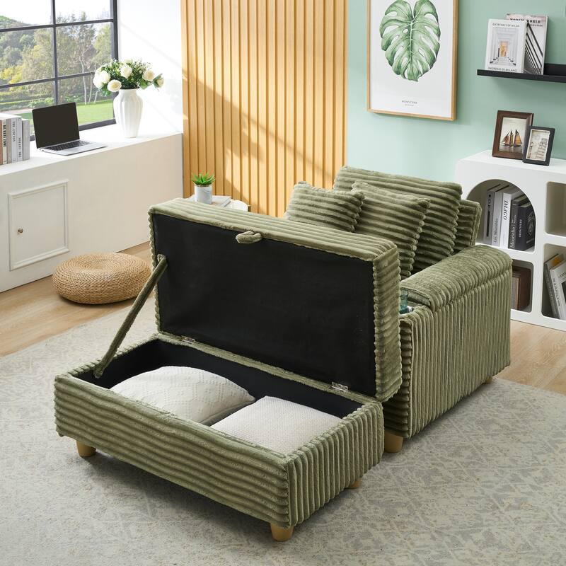 Corduroy Accent Chair & Storage Ottoman Set of 2, Single Sofa Armchair Lounge Chair with Pillows & Cup Holders