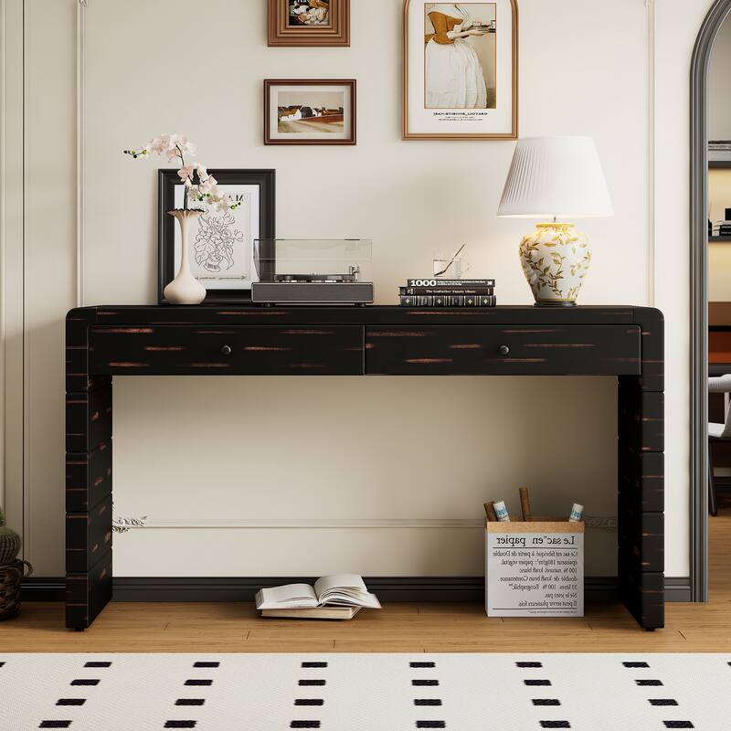 55" Farmhouse Console Table with Drawers & Shelf