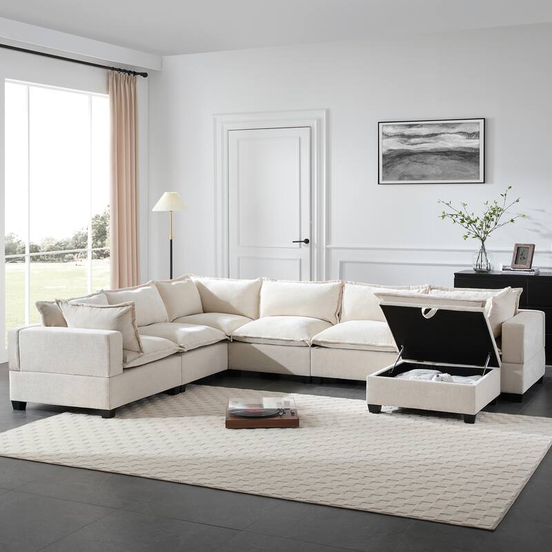 Roomfitters Modular U-Shaped Chenille Sofa with Storage Ottoman, Free Layout 7-Seat Oversized Couch for Living Room