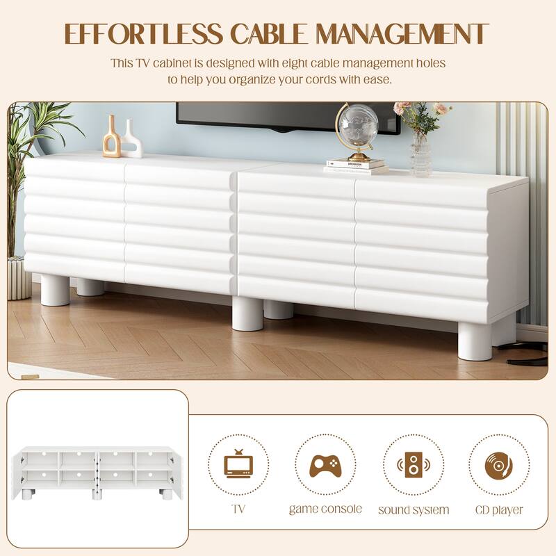 75 inch TV Stand Media Console with 4 Cabinets, Cream Wavy Door Cabinet with Cylindrical Legs & Cable Management