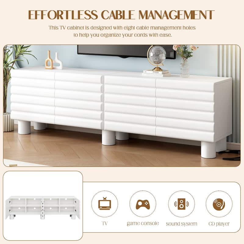 Stylish Wavy Door TV Stand with 4 Cabinets, Adjustable Shelves & Cable Holes, Solid Color Media Console for TVs Up to 75"