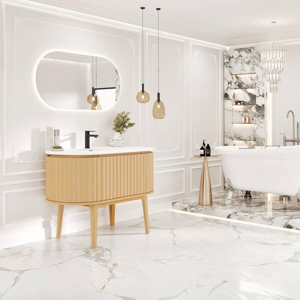 Eviva Iris 35 in. W. x 22 in. D x 33.5 in. H Oak Freestanding Bathroom Vanity with White Solid Surface Integrated Sink Top