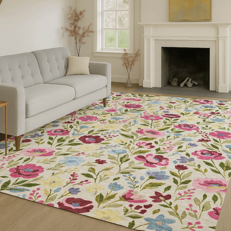 Machine Washable Indoor/ Outdoor Floral Garden Chantille Rug