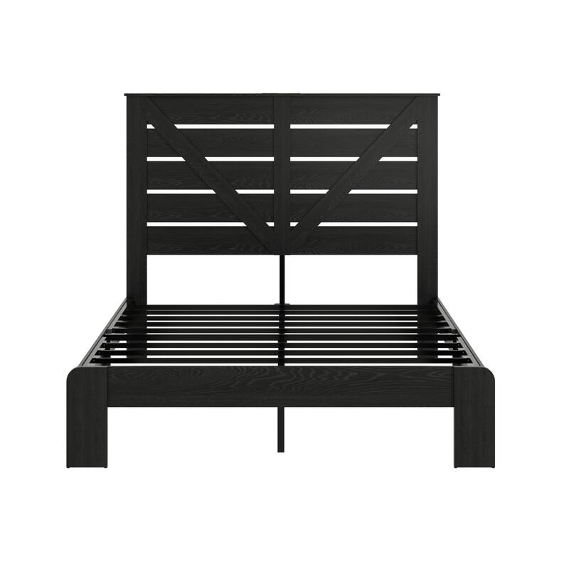 Wood Platform Bed with Rustic Headboard Black Metal Frame Support, Solid Wood Slats No Box Spring Needed Large Under-Bed Storage