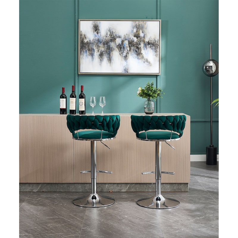 Adjustable Height Velvet Bar Chairs with 360° Swivel, Chrome Legs and Footrest, Contemporary Barstools for Dining or Counter Use