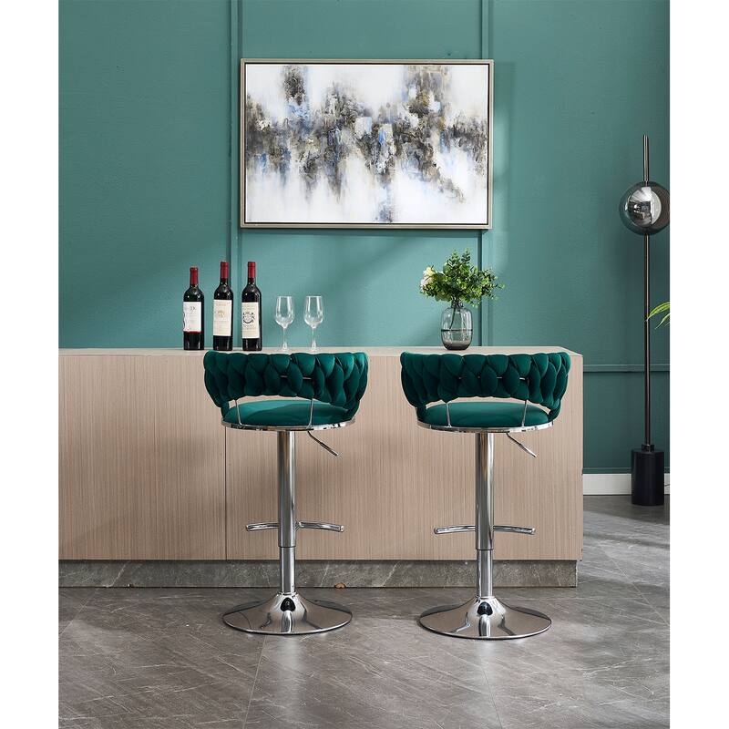 Velvet Bar Stools Set of 2, Kitchen Island Stools with Adjustable Height, Swivel Bar Stool with Chrome Footrest