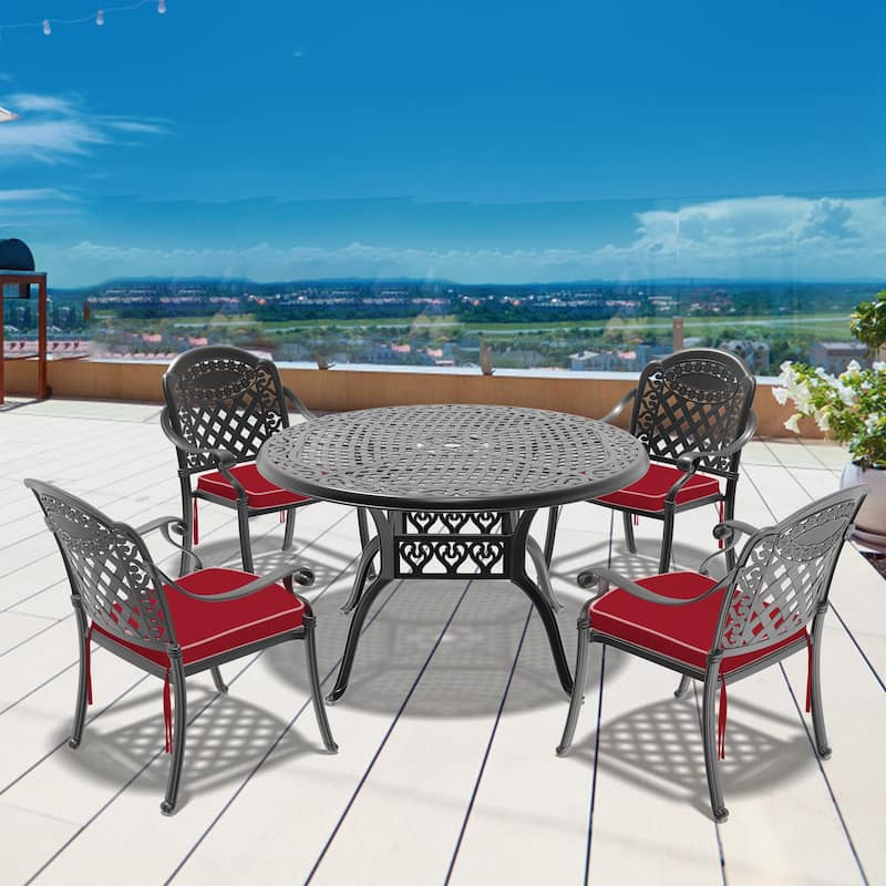 5/7-Piece Cast Aluminum Outdoor Dining Set with 48.03 in. Round Table and Random Color Cushions - Black(5-Piece Sets-B)