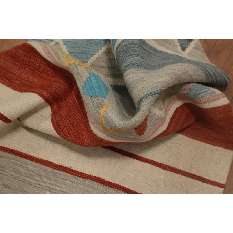 Hand Woven Oriental 100% Wool Carpet Southwestern Tribal Multi-Colored Kilim Runner Rug - 9' 4'' X 2' 5''