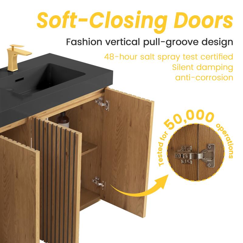 GDFStudio - Galan 60" Freestanding Bathroom Vanity with Quartz Sink, Solf Close Doors, Open Storage Shelf, NO Drain & Faucet