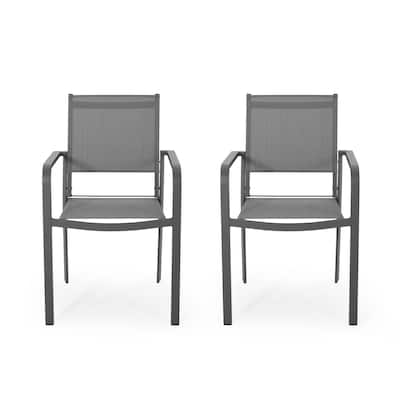 Arini Outdoor Dining Chair Set of 2, Dark Gray Metal Frame, Mesh Seat