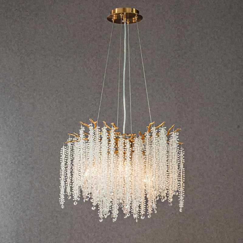 CraftHome Modern Glam Crystal Chandelier Branch Style Pendant Ceiling Light for Dining Room Bedroom Living Room Entryway - Antique Brass - W20''