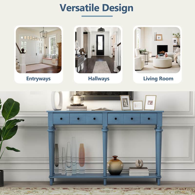 59.8" Rustic Entryway Console Table with 4 Drawers and Open Shelf, Retro Pine Veneer Hallway Accent Table