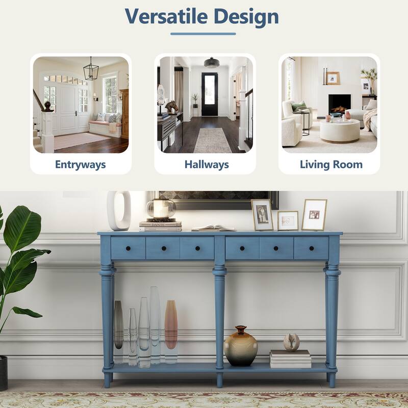 Navy Blue Versatile Hallway Table Side Table with 4 Storage Drawers, Accent Table Sofa Table with Bottom Open Shelf