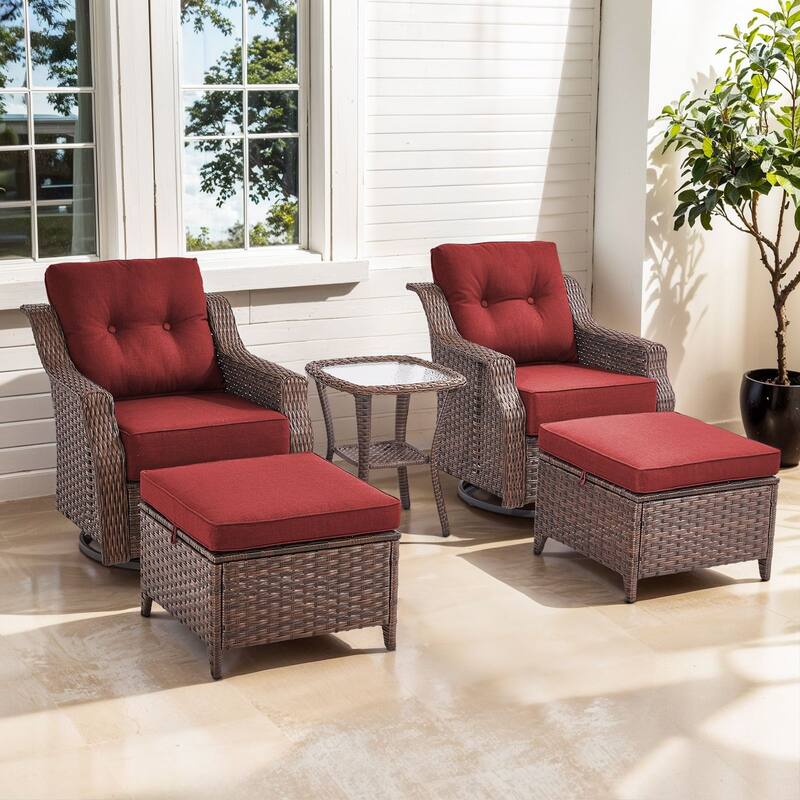 Artisan 5-Piece Wicker Patio Swivel Glider Set with 6-Inch Thick Cushions - Red - Brown Wicker