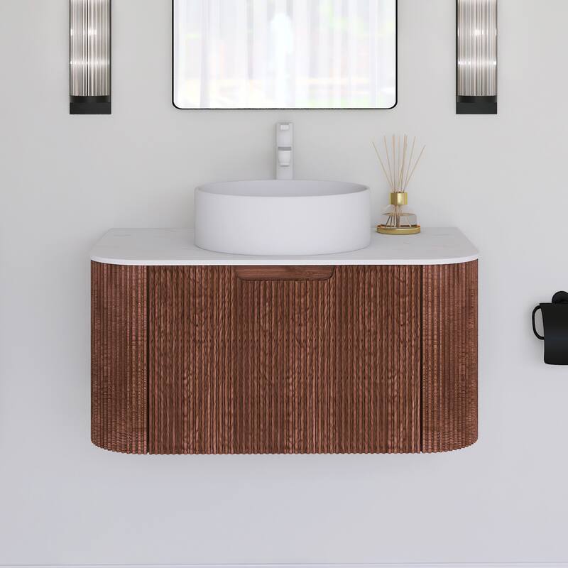 Plywood Wall-Mounted Bathroom Vanity Set with Integrated Ceramic Sink in Natural Wood - 29.92" x 18.9" x 19.29" - Walnut