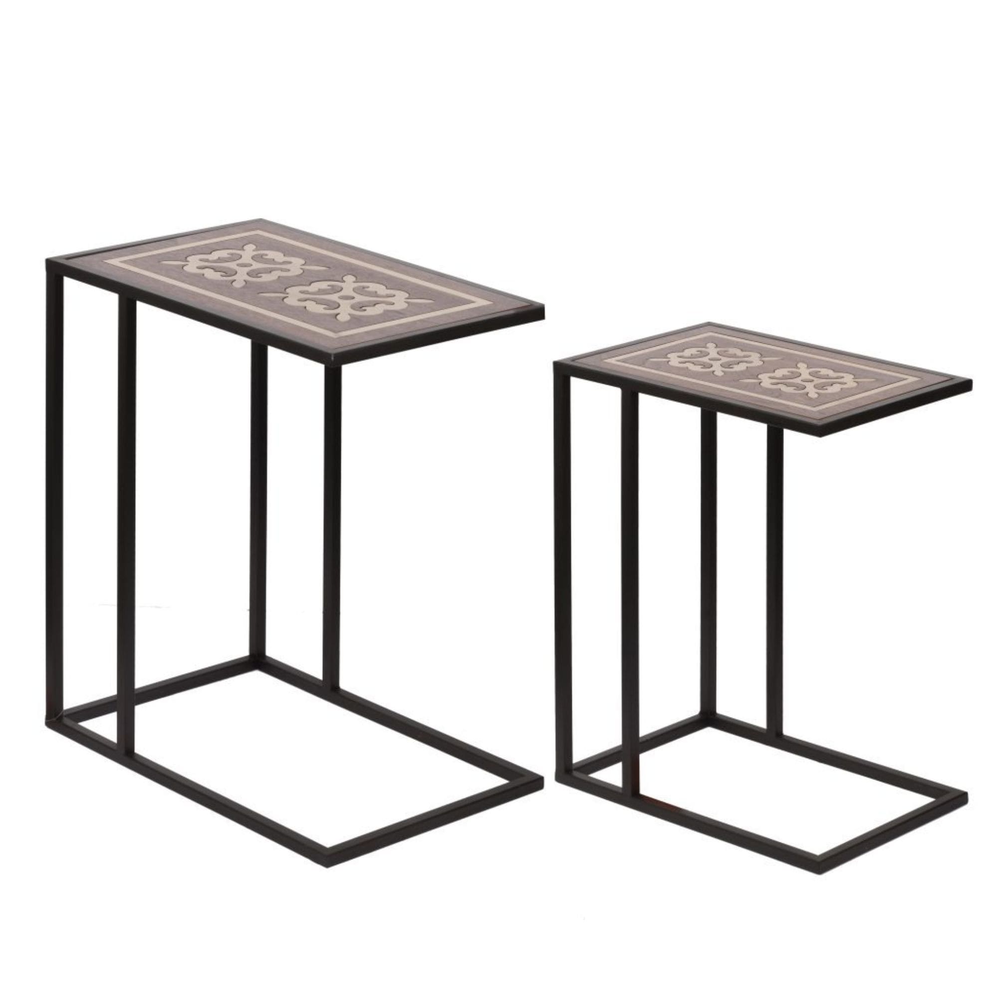 CC Home Furnishings Set of 2 Black Brown Classic Vintage Style Inlaid Nesting Tables 24 inch