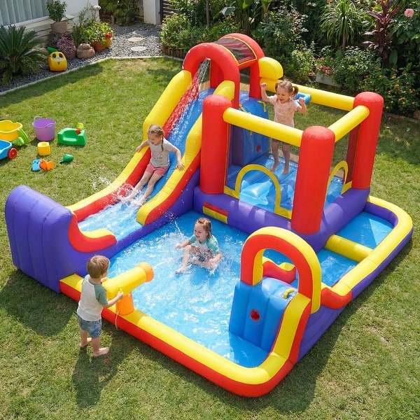 slide 2 of 10, Gymax Inflatable Water Slide 7-in-1 Outdoor Bounce House w/ Dual Kids