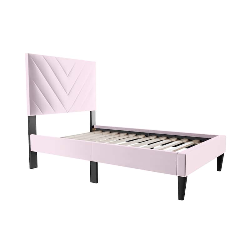 Adjustable Velvet Twin Bed with V-Stitch Headboard & 12-Slat Support