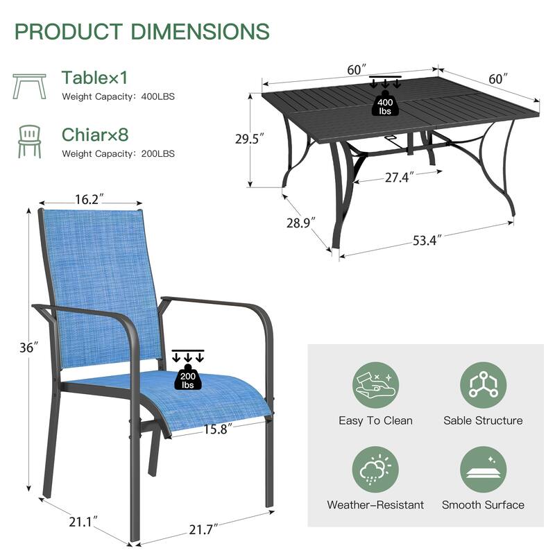 5/7/9-Piece Outdoor Patio Dining Set with Stackable Textilene Chairs and Slatted Table, Furniture with Adjustable Umbrella Hole