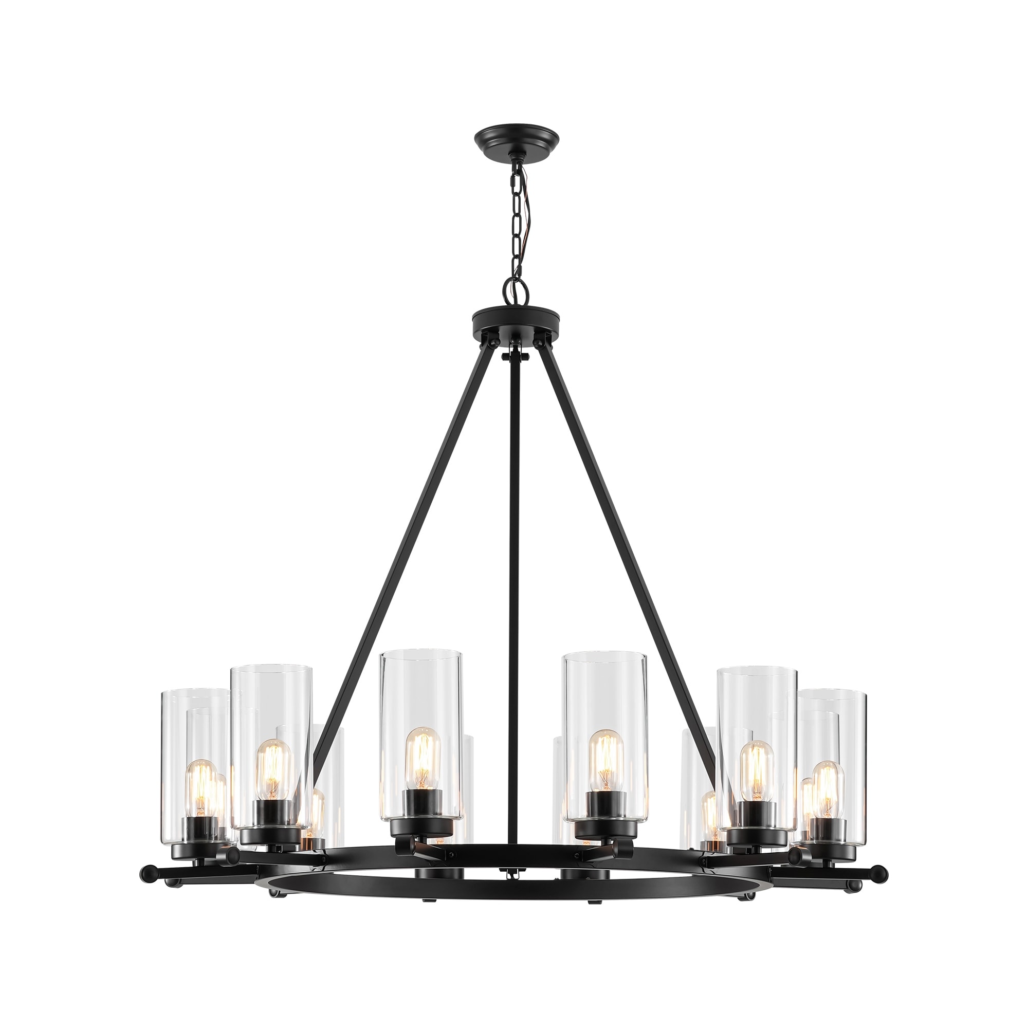 12-Light Mid-Century Modern Black Wagon Wheel Chandelier with Clear Glass Shades - 39.37 in. W x 36.61 in. H