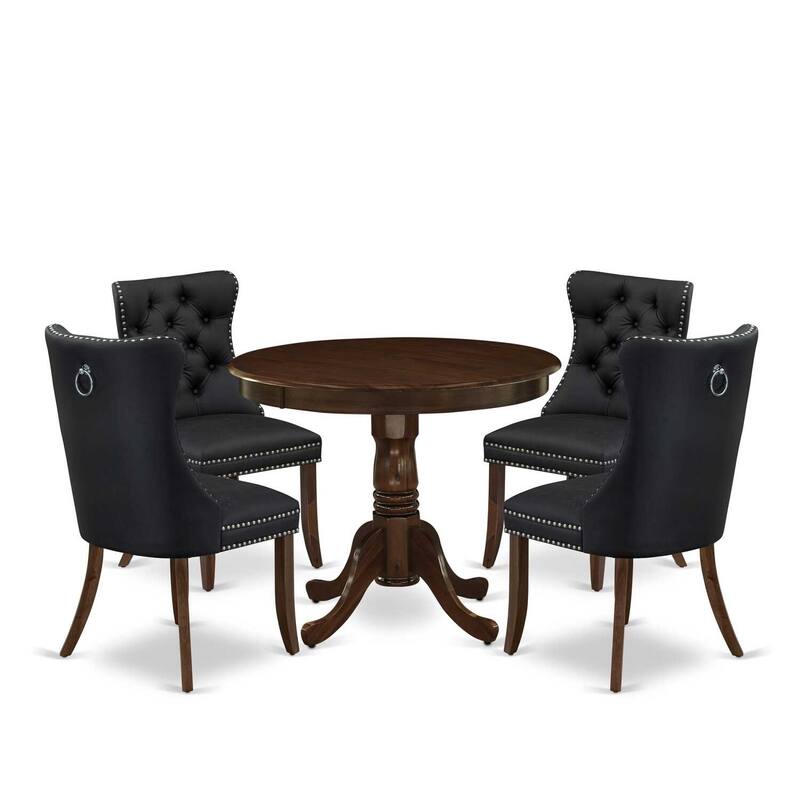 Modern 5 Piece Dining Set - Round Table with 4 Chairs - Walnut Finish Kitchen Table