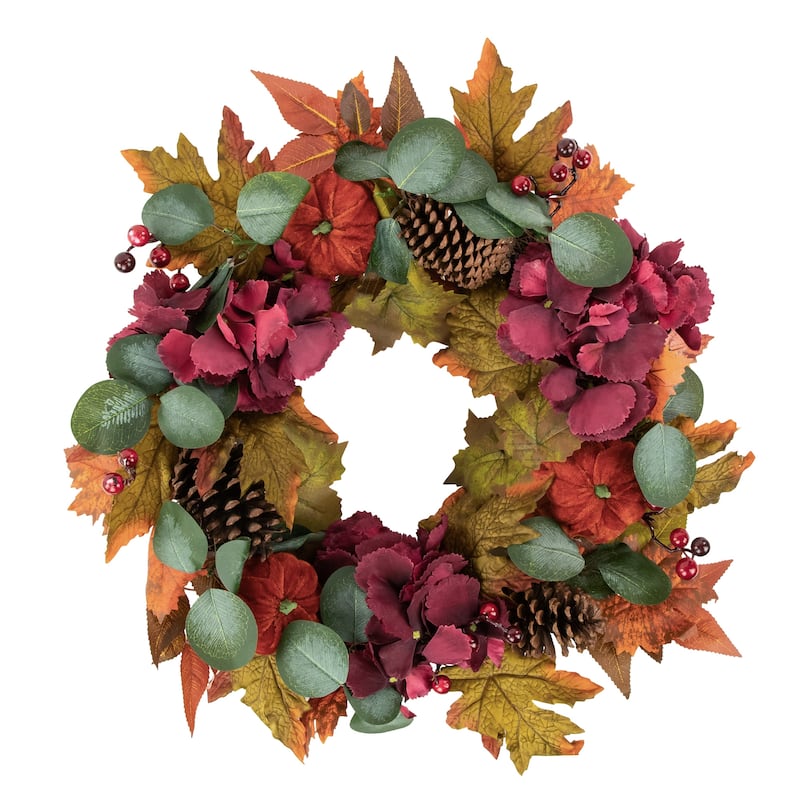 Orange Burgundy Fall Harvest Artificial Floral Pinecone Wreath, 22"