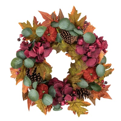 Orange Burgundy Fall Harvest Artificial Floral Pinecone Wreath, 22"