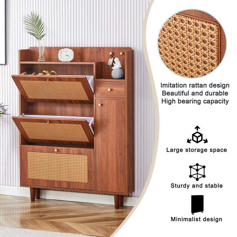 Shoe Cabinet with Rattan Doors, Entryway Slim Rattan Shoe Storage Cabinet with Flip Down Drawers & Shelves