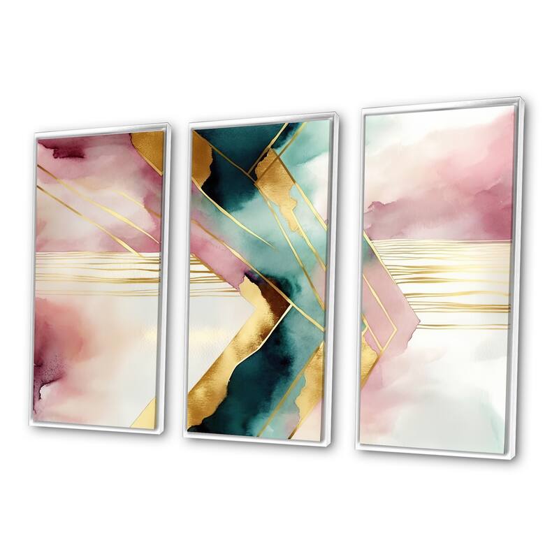 Designart "Abstract Geode Geometric Pink And Green III" Modern Geometric Framed Canvas Art Print - 3 Panels