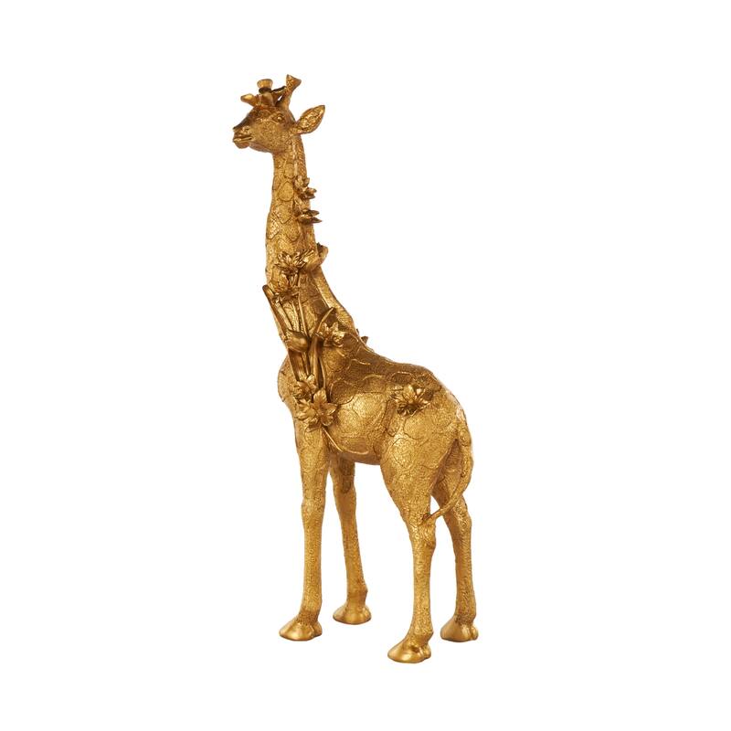 Gold Resin Standing Giraffe Decorative Sculpture with Textured Spots and Floral Accents - 7"W x 13"L x 30"H