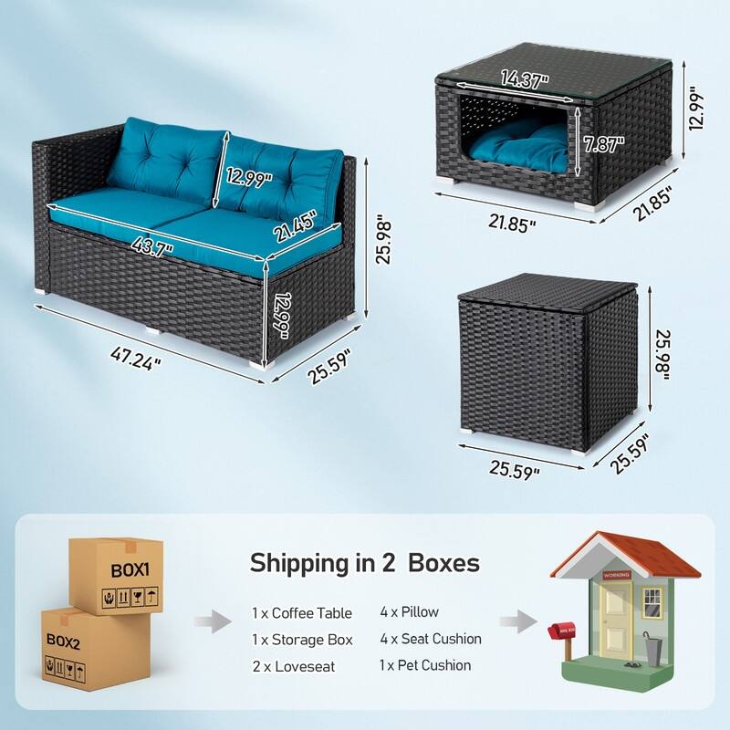 Patio 4-Piece Wicker Sectional Set with 2 Loveseats, Hydraulic Storage Box & Pet House Table