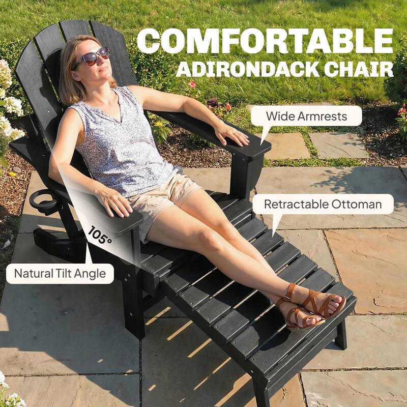 Outsunny Folding Adirondack Chair Set of 2, Outdoor HDPE Fire Pit Chair with Retractable Ottoman