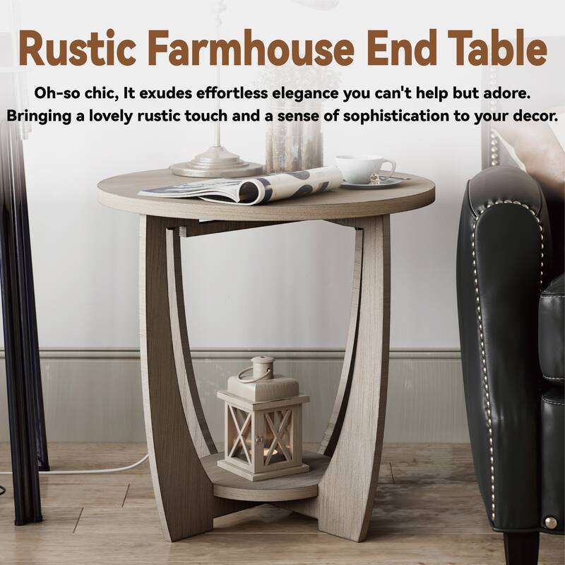 COZAYH Rustic Farmhouse End Table with Storage Shelf, French Country Accent Side Table, Round