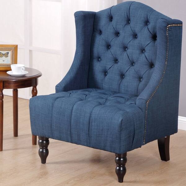 Shop Costway Modern Tall Wingback Tufted Accent Armchair Fabric Vintage Chair Nailhead Navy Overstock 20489068