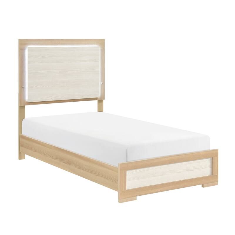 Modern Twin Size LED Headboard Bed in Natural and White Finish - Natural