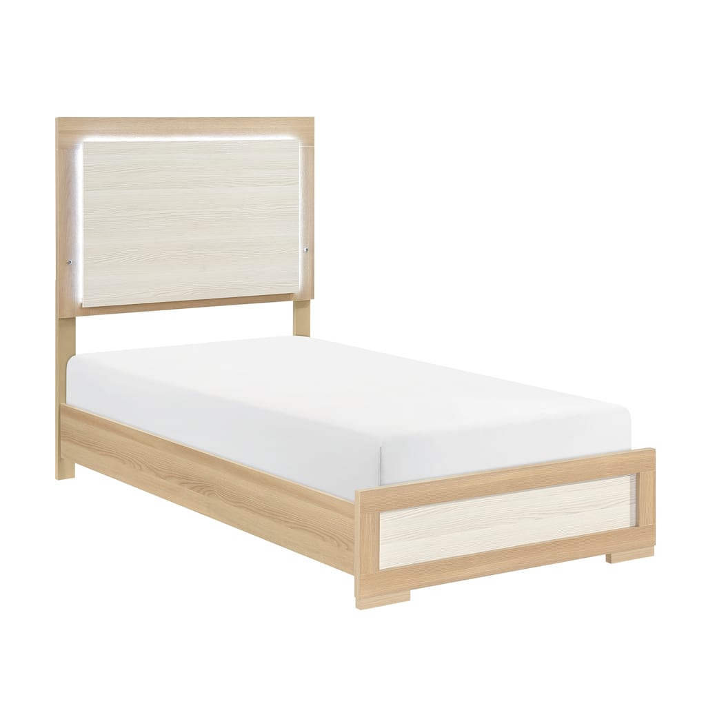 Modern Twin Size LED Headboard Bed in Natural and White Finish