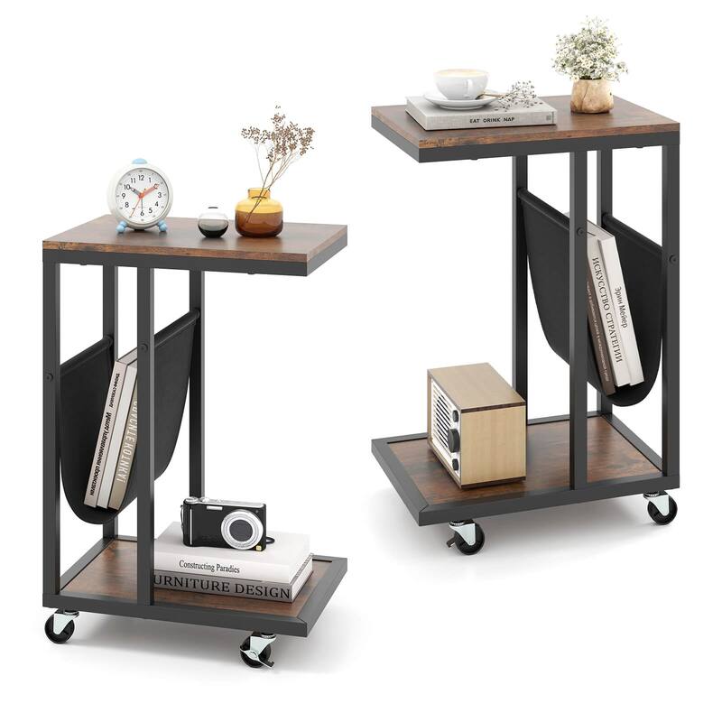Costway 1/2 PCS C-shaped Side Table 2-tier Sofa Couch Table with - 2 PCS